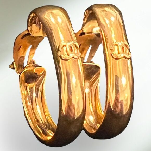 Chanel Vintage Gold Plated Hoop Earrings - Picture 2 of 7